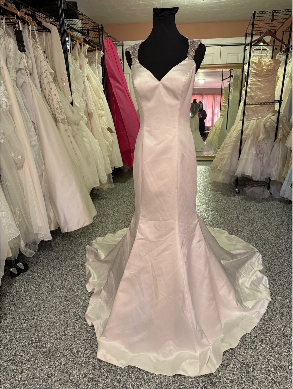 Allure Bridals Ivory Satin Wedding Dress with Beaded Cap Sleeves